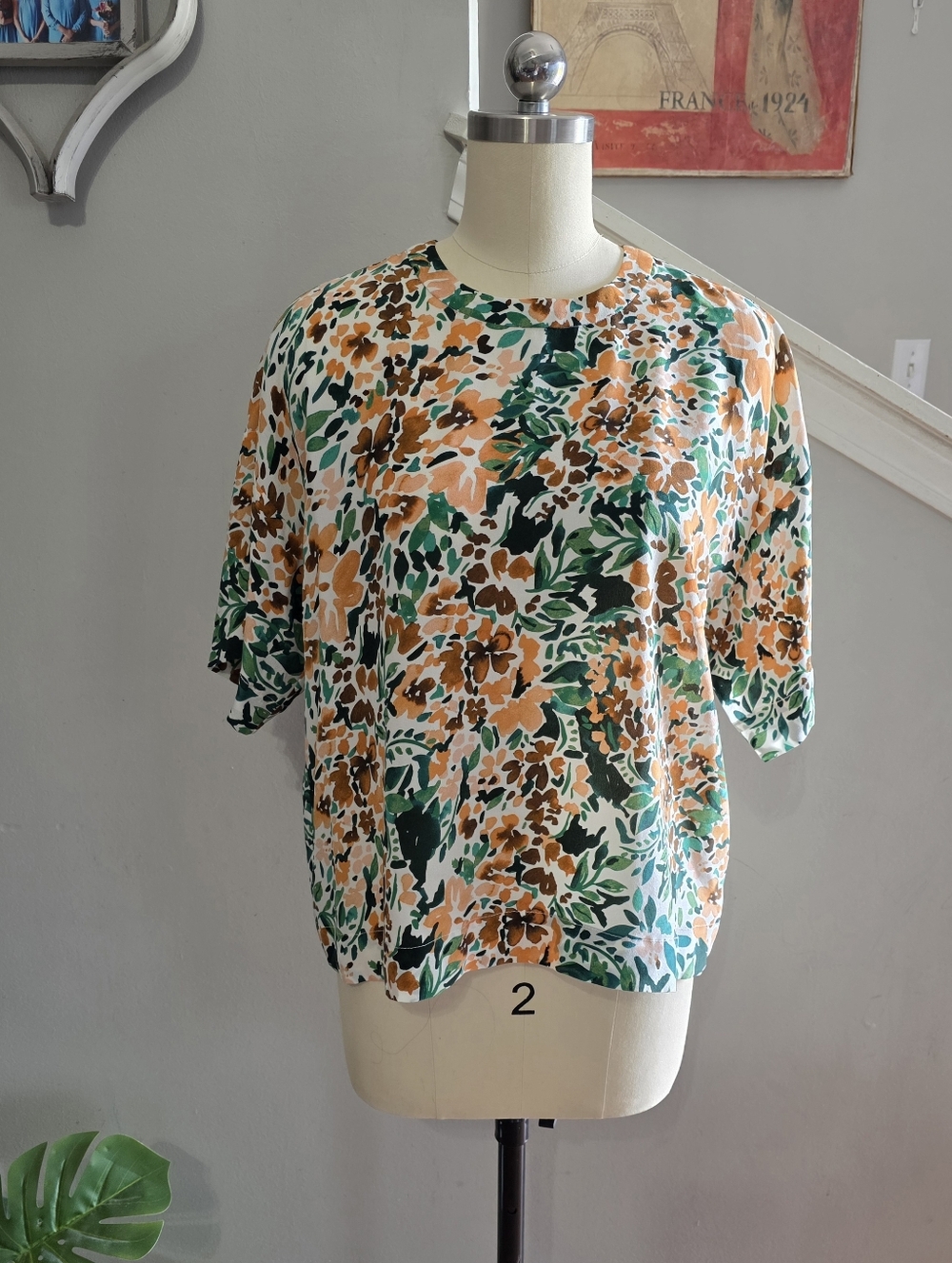 Joie Silk Floral Blouse Short Sleeve Drop Shoulder Green Peach Small